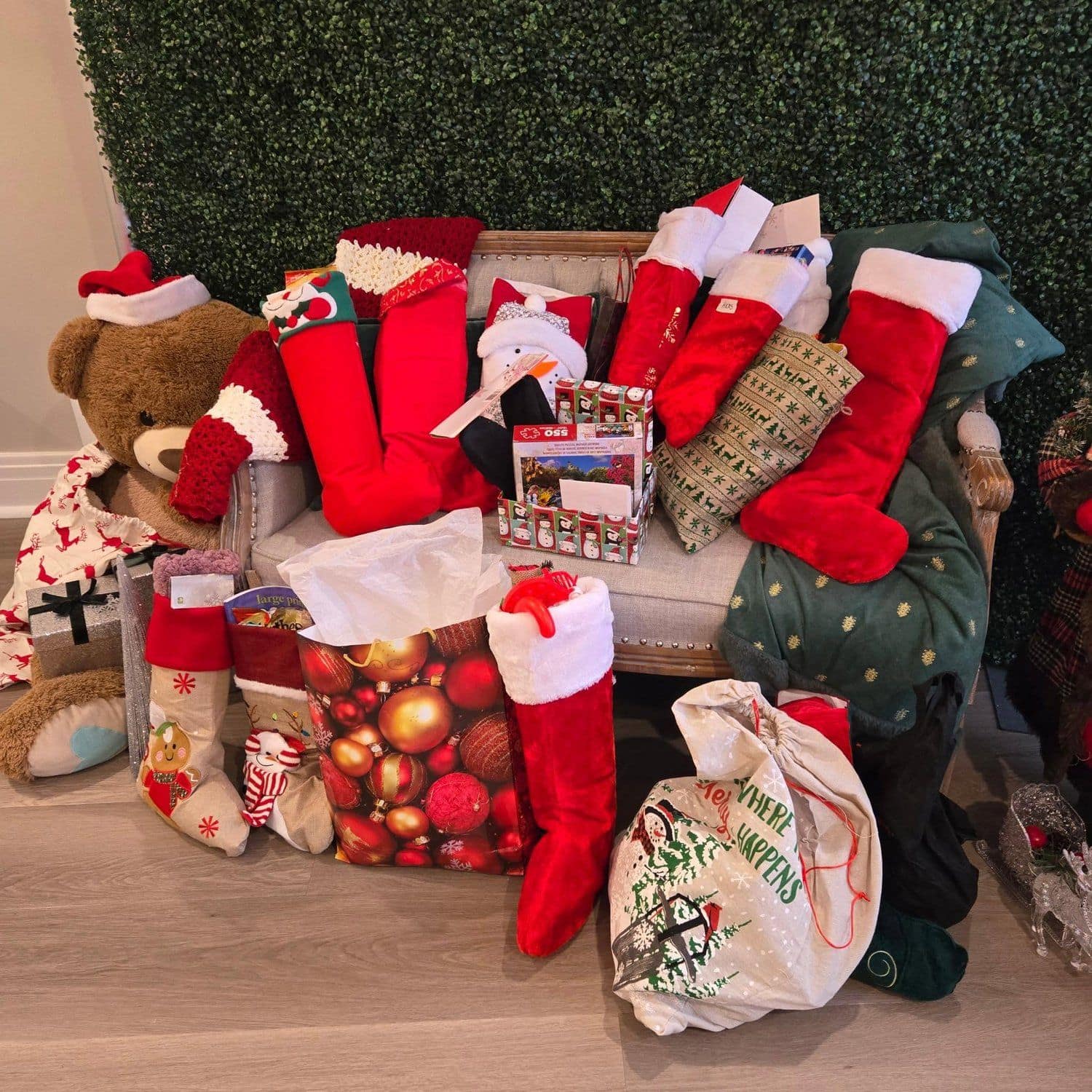 Christmas stockings filled and arranged, ready to be delivered to Niagara seniors